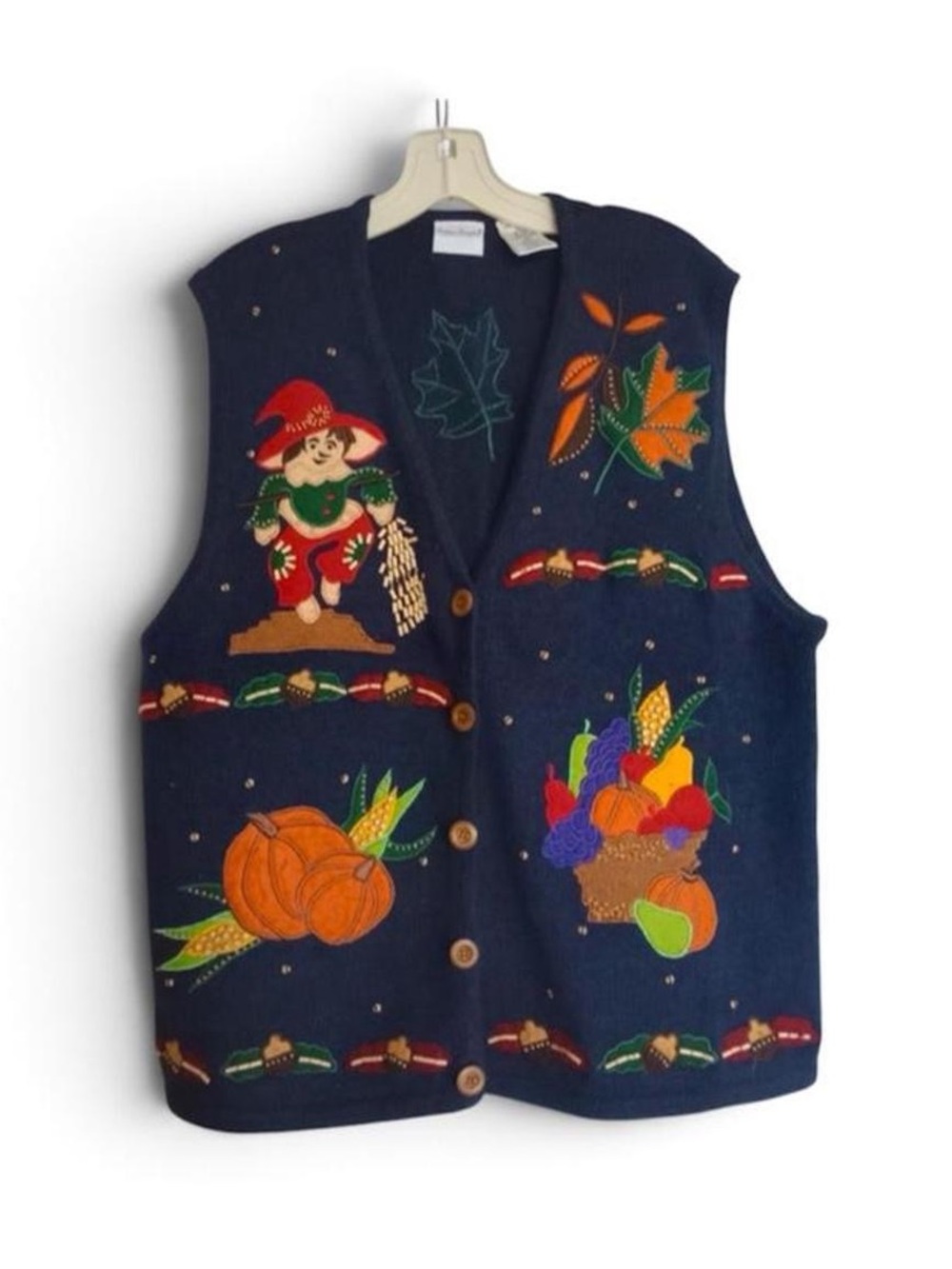 Bobbie Brooks Navy Autumn Harvest Embroidered Vest XL Halloween Fall Grannycore
